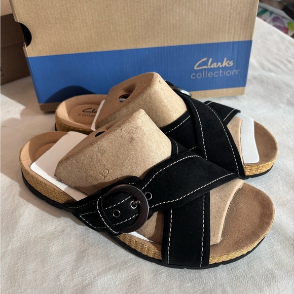 Clarks Collection Black Suede Slide Sandals • Comfort Footbed • Women’s - Picture 1 of 5